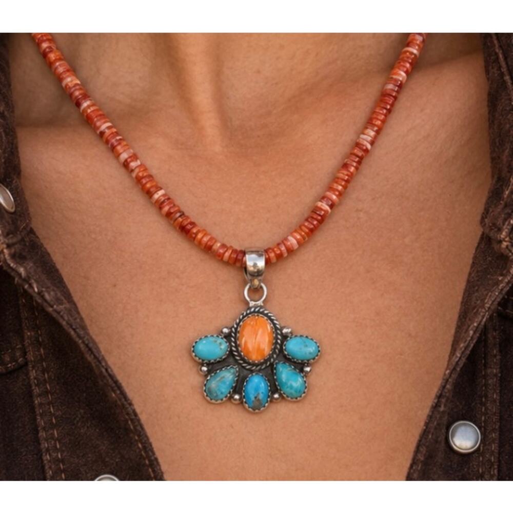 Mojave Turquoise & Orange Spiny Oyster Heishi Necklace – 16"